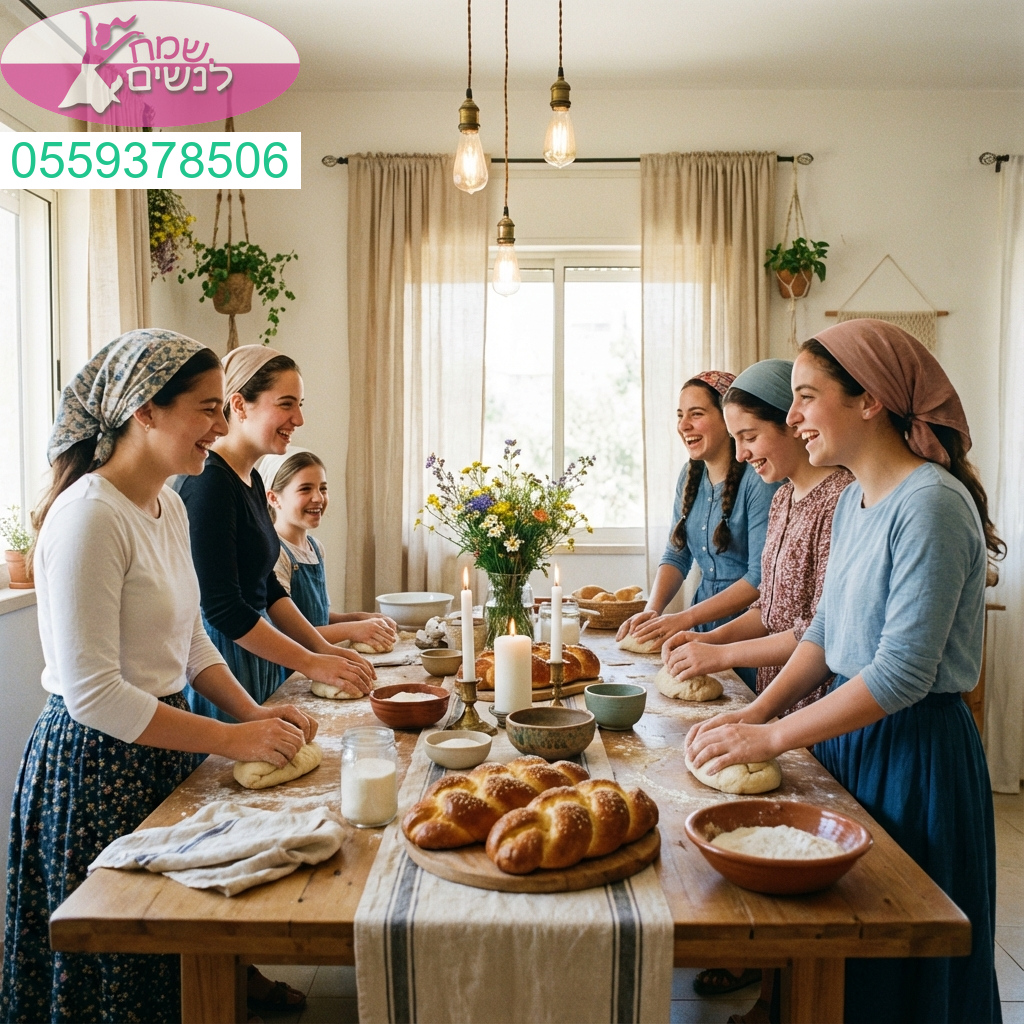 חווית אחדות נשית מרגשת באווירה חמימה ומלאת אור סביב שולחן הפרשת חלה מעוצב באלגנטיות