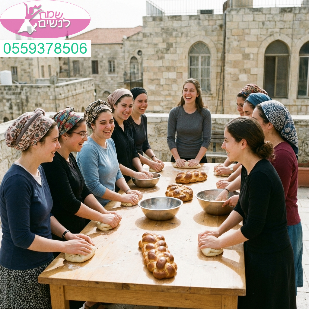 רגע מיוחד של אחדות נשית ושמחה בהפרשת חלה על רקע אווירה ירושלמית קסומה